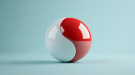 A striking, glossy spherical object featuring red and white colors sits against a soft blue background, embodying modern minimalist design. Perfect for creative projects.の写真素材
