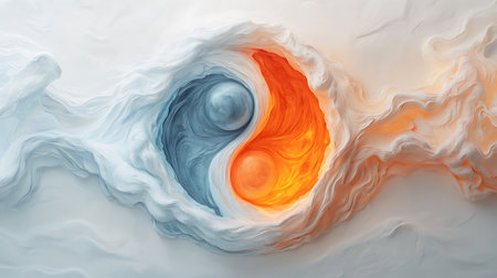 Stunning abstract design featuring a yin yang symbol created with swirls of light orange and blue hues, reflecting harmony and balance.の写真素材