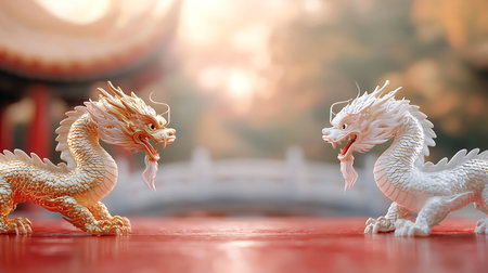 Two intricate dragon statues in vivid colors face each other in a tranquil setting, embodying cultural richness and mythical charm, captured in soft light.の写真素材