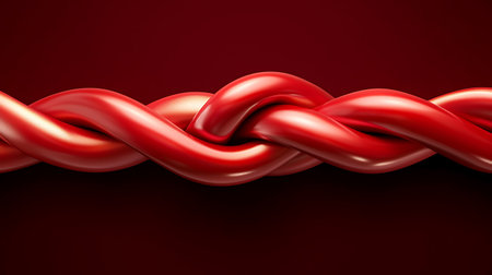 This image features intricate twisting red ropes interwoven against a smooth dark background, showcasing a vibrant and artistic representation of connection and strength.の写真素材
