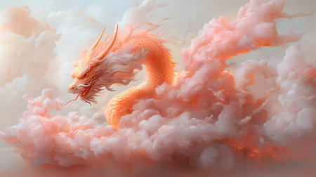 An enchanting illustration of a mystical orange dragon gracefully soaring through fluffy clouds, creating a serene and magical atmosphere in a fantastical landscape.の写真素材