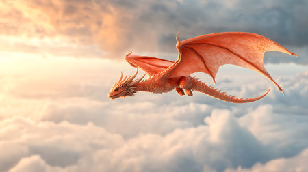 A stunning orange dragon glides gracefully through the sky, surrounded by fluffy clouds and a beautiful sunset. This breathtaking scene evokes a sense of adventure and fantasy.の写真素材