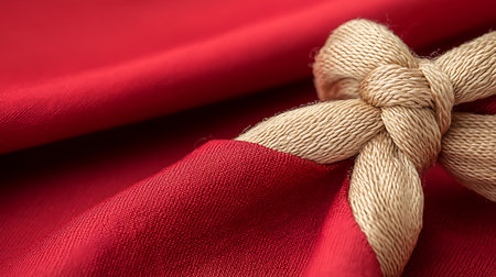 This close-up image showcases elegant red fabric with a detailed beige knot, ideal for projects involving textiles, fashion, or home decor. The richness of the color and texture conveys warmth and sophistication.の写真素材