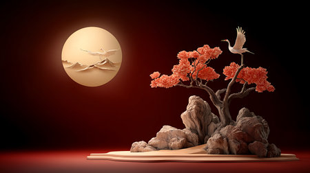 A tranquil autumn landscape features a crane perched on a vibrant tree amid rocks, illuminated by a glowing moon, creating a serene artistic scene.の写真素材