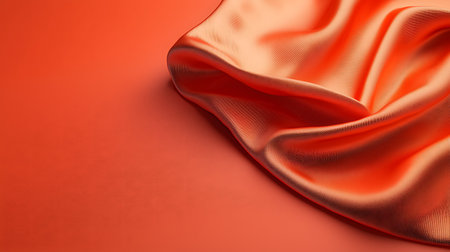A beautiful and smooth orange silk fabric creating elegant folds against a vibrant coral background, showcasing rich colors and luxurious texture ideal for fashion or design projects.の写真素材