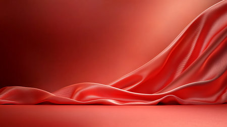 A stunning display of soft red silk fabric gracefully draped on a sleek surface, creating an elegant and stylish background perfect for various designs.の写真素材