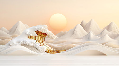 This stunning abstract landscape features a golden wave against soft mountains at sunset, creating a...