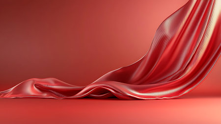 A stunning display of flowing red silk fabric on a smooth background showcases elegant curves and soft textures, perfect for artistic and fashion themes.の写真素材