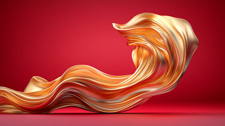Captivating image of elegant waves of gold fabric flowing gracefully against a vibrant red backdrop, showcasing luxury and artistic design.の写真素材