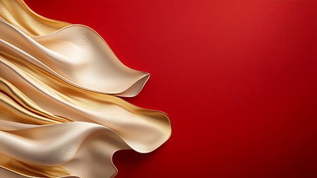 This stunning image features elegant satin fabric draped gracefully over a vibrant red background, showcasing smooth textures and rich colors that evoke luxury and artistic flair.の写真素材
