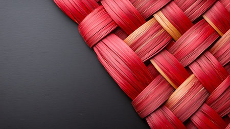 Explore this vibrant red woven textile background featuring intricate patterns, perfect for artistic...