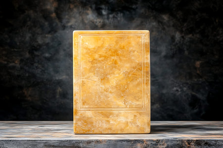 A beautiful yellow onyx plate rests on a textured surface against a dark background, showcasing its...