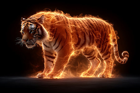 This stunning artwork features a majestic tiger enveloped in fiery flames, creating a powerful visual effect. The intense colors and dynamic movement convey energy and strength, making it a breathtaking representation of wild beauty.の写真素材