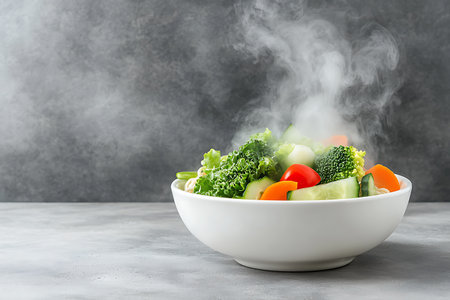 A visually appealing bowl of fresh steamed vegetables with steam rising, showcasing vibrant colors and inviting textures, perfect for healthy meal inspiration.の写真素材
