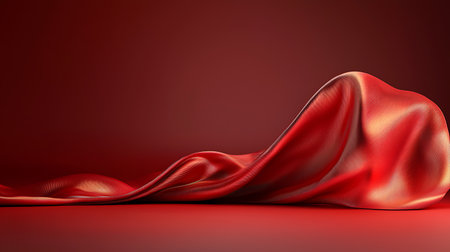 A smooth red fabric elegantly drapes over a solid background, creating a luxurious and inviting atmosphere perfect for artistic, design, or textile themes.の写真素材