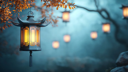 Captivating lanterns illuminate a tranquil forest scene adorned with autumn leaves, creating a magical atmosphere perfect for evoking peace and serenity.の写真素材