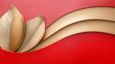 This striking modern wall art features textured leaves in a warm color palette against a rich red backdrop, perfect for contemporary decor.の写真素材