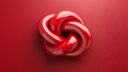 A striking glossy red knot design against a smooth background, showcasing reflections and shadows that create depth and intrigue in a modern aesthetic.の写真素材