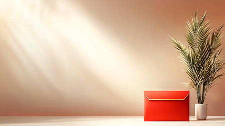 A vibrant red envelope rests on a clean table alongside a small plant, set against a softly lit background, ideal for conveying creativity and warmth.の写真素材