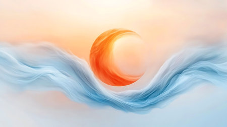This abstract illustration captures a serene sunrise with soft waves in warm and cool tones. The dreamy atmosphere evokes feelings of peace and tranquility.の写真素材