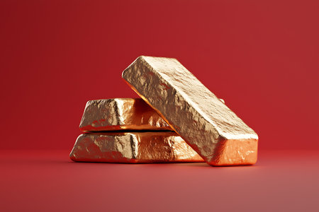 This striking image features three gold bars stacked elegantly against a bold red background, symbolizing wealth and luxury in financial contexts.の写真素材