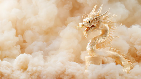 A stunning golden dragon statue rises from soft clouds, embodying power and elegance in a mystical scene. Perfect for fantasy, art, and cultural themes.の写真素材