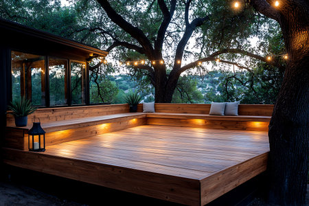 A charming wooden patio illuminated by warm string lights, nestled amidst serene nature. Ideal for...