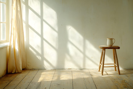 A serene minimalist interior showcases a wooden stool, a simple white pitcher, and soft sunlight...