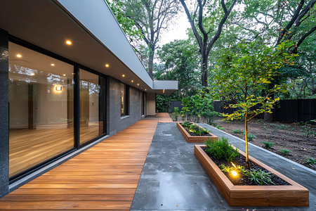 Stylish modern home exterior featuring a wooden deck and landscaped garden area, surrounded by lush...
