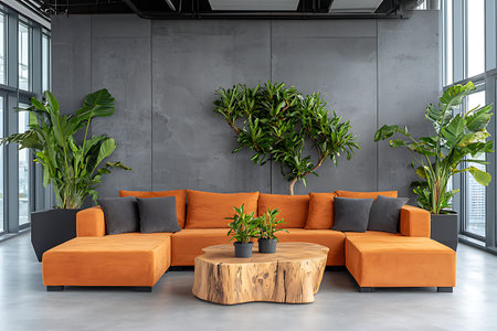 A modern living room featuring an orange sectional sofa, a unique wooden coffee table, and lush...