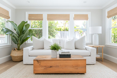 Bright and inviting living room featuring a white sofa, natural decor, and abundant sunlight....