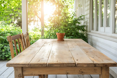A serene outdoor scene featuring a rustic wooden table and chair with a potted plant, illuminated by...