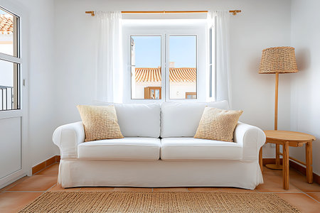 This image features a bright and cozy living room showcasing a white sofa adorned with soft...