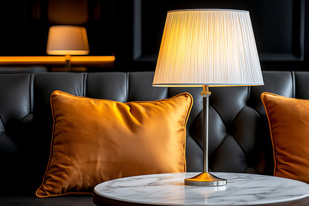 A modern table lamp features an elegant shade atop a marble surface, complemented by soft velvet...