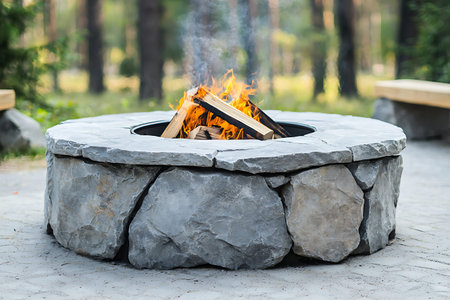A beautiful stone fire pit with flames dancing over logs in a peaceful outdoor setting, ideal for...