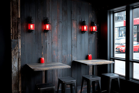 Embrace the inviting ambiance of this stylish cafe interior featuring warm lighting and rustic...
