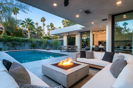 Discover a stunning modern outdoor living space featuring a fire pit and a swimming pool, perfect...