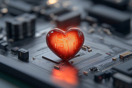 This image features a heart shaped design over a circuit board, symbolizing the connection between technology and human emotions, blending modern aesthetics with creative inspiration.の写真素材
