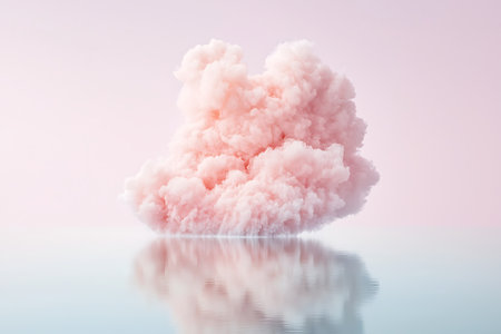 A soft pink cloud floats above a calm water surface, creating a serene atmosphere. The pastel background enhances the dreamy and tranquil mood of the scene.の写真素材