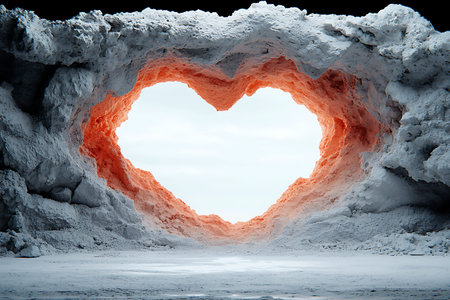 A stunning heart-shaped opening in a snowy cave, illuminated by soft light, captures the essence of love and romance in a serene winter landscape.の写真素材