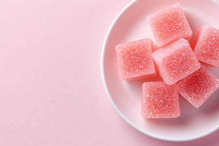 Delightful pink gelatin squares arranged on a white plate, creating a vibrant and appealing dessert against a soft pink background. Perfect treat for any occasion.の写真素材