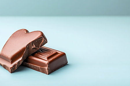A heart-shaped chocolate bar rests elegantly on a soft blue surface, perfect for visualizing concepts of love, dessert, and indulgence.の写真素材