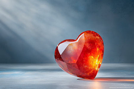 A stunning amber heart shaped gemstone rests on a smooth surface, illuminated by dramatic lighting that enhances its clarity and beauty.の写真素材