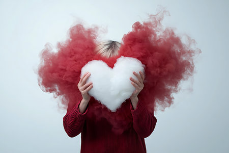 A person holds a white heart surrounded by vibrant red smoke, creating a striking visual of love and creativity against a neutral background.の写真素材