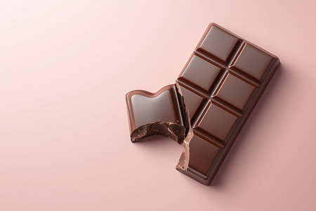 This captivating image showcases a delicious dark chocolate bar with a bite taken out, set against a soft pink background, perfect for food-related content.の写真素材
