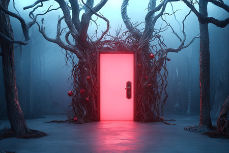A captivating pink door stands amid twisted roots in a foggy forest, evoking a sense of mystery and enchantment. This surreal scene invites exploration and imagination.の写真素材