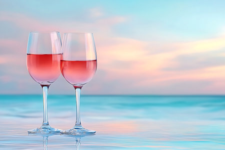 Enjoy a serene moment with two glasses of pink drink set against a beautiful sunset over calm waters. Perfect for a romantic evening or celebration.の写真素材