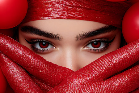A stunning close-up of a woman with captivating red makeup and accessories, creating an alluring visual statement filled with emotion and elegance.の写真素材