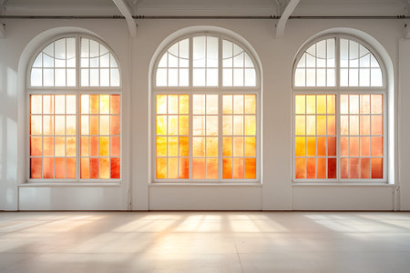 A stunning studio space featuring three large arched windows with colorful glass panels. Light pours in, creating a warm and inviting atmosphere.の写真素材