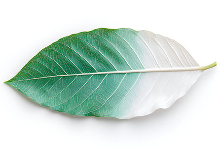 A striking green and white leaf showcasing intricate vein patterns against a clean background,...